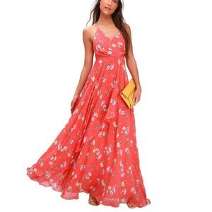Lulus Romance Abound Coral Red Floral Print Surplice Maxi Dress Women's size Lar